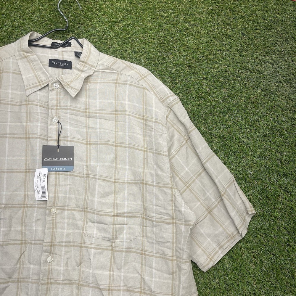 Van Heusen Linen Shirt Mens XL Plaid Button Down Short Sleeve Washable NWT
